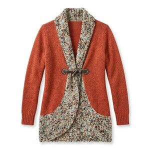 Ponsesa Size S Boho Knit Cardigan Rust Orange Mixed Media Toggle Sweater Wrap